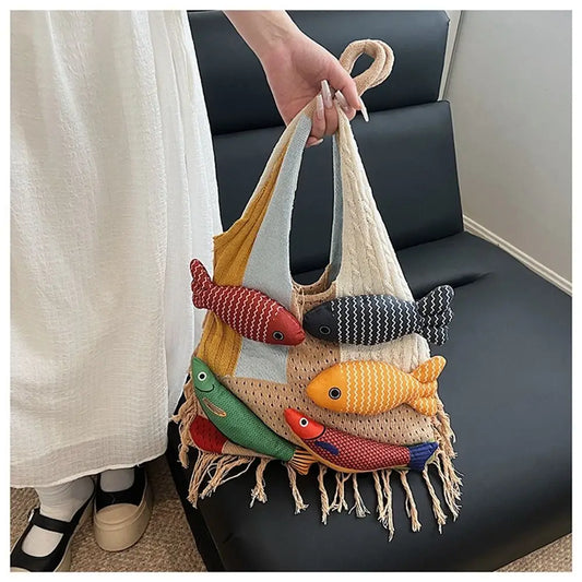 Fashion Summer Cotten Crochet Shoulder Bag Fish Fashion Tassels Beach Handbag Handbag Simple Tote Bag Shopping Bag